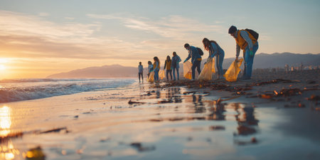 A group of environmental volunteers actively cleaning a beach at sunset, carrying bags of collected trash, powerfully illustrating community efforts and dedication towards marine conservation.の素材
