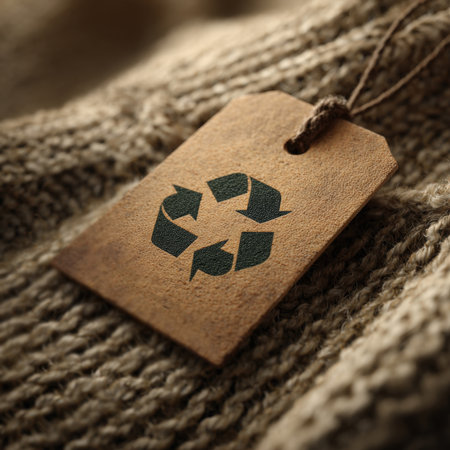 A detailed close-up of a kraft paper tag featuring a prominent green recycling symbol, representing environmental responsibility, sustainable product choices, and waste reduction efforts.の素材