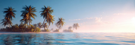 A breathtaking panoramic view of a secluded tropical island with lush palm trees, pristine sandy beaches, and calm, crystal-clear turquoise waters under a soft, warm sunset sky. Perfect for travel, vacation, and luxury escape themes.の素材