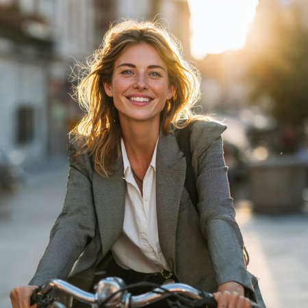 A radiant woman with a bright smile, riding a bicycle on a sunny city street. Her hair is beautifully backlit by the sun, capturing the essence of healthy, urban sustainable living and joyful commuting.の素材