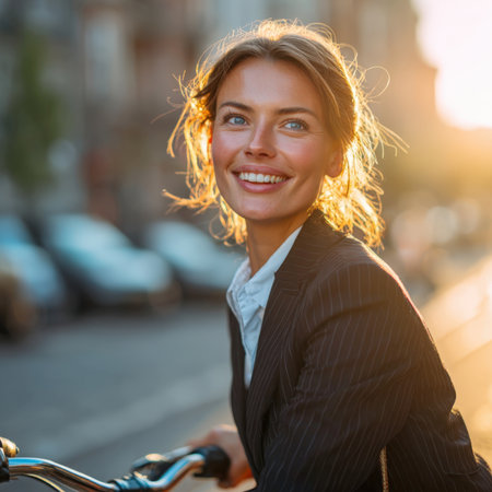 A radiant woman with a bright smile, riding a bicycle on a sunny city street. Her hair is beautifully backlit by the sun, capturing the essence of healthy, urban sustainable living and joyful commuting.の素材