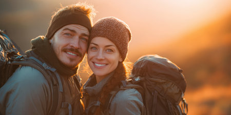 Embrace the beauty of nature with our stunning image of a couple enjoying a mountain hike at sunset. Perfect for illustrating themes of adventure, togetherness, and the great outdoorsの素材
