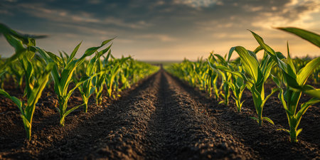 A panoramic view of a vast cornfield at sunset, showing endless rows of vibrant, young corn plants stretching towards the horizon. The golden light illuminates the rich soil and green foliage, embodying growth, agriculture, and the promise of a bountiful harvest.の素材