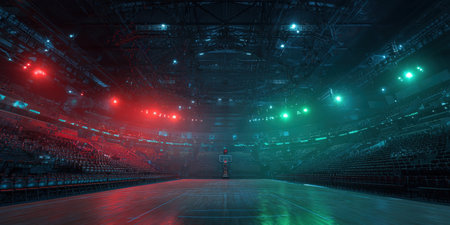 An empty sports arena, likely a basketball court, is dramatically lit with striking red and green spotlights, highlighting the vast seating and the readiness for a high-energy game or event.の素材