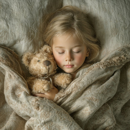 A sweet, fair haired child sleeps peacefully in a soft, cozy bed, gently clutching a teddy bear, creating a heartwarming scene of innocence, comfort, and deep rest.の素材