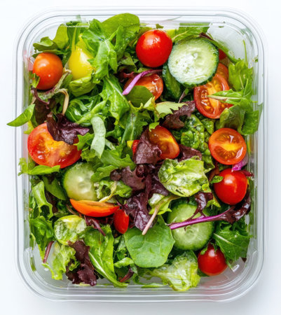 A vibrant and fresh mixed greens salad, perfectly packaged in a clear plastic container for convenient on-the-go healthy eating. This colorful medley includes crisp lettuce, juicy cherry tomatoes, and refreshing cucumber slices, all ready for a quick and nutritious meal. Ideal for illustrating healthy lifestyle content, meal prep solutions, ready-to-eat food products, or catering services.の素材
