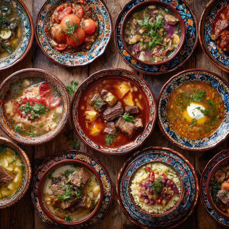 An enticing overhead shot showing a rich and colorful spread of various traditional soups and stews, each served in intricately patterned, rustic bowls. The dishes feature hearty meats, fresh vegetables, and vibrant garnishes, suggesting a diverse and flavorful culinary experience. This image is perfect for illustrating cultural cuisine, food festivals, restaurant menus, and comfort food themesの素材