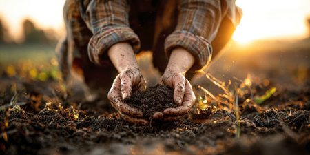 Close-up of human hands gently holding and sifting dark, fertile soil, with fine particles trickling down. The warm, golden light illuminates the scene, evoking themes of gardening, agriculture, sustainability, and a deep connection to nature and the earth.の素材