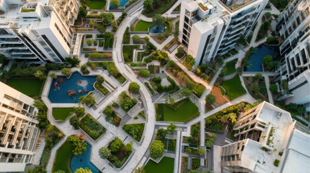 aerial view of a futuristic residential complex, showing a beautiful blend of sleek, modern architecture and lush, meticulously designed green spaces, gardens, and walking paths.の素材