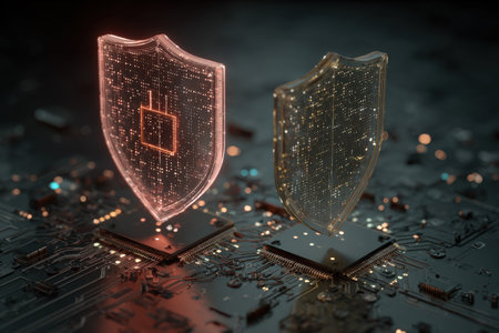 Two glowing, translucent shields float above a complex computer circuit board, representing robust digital security, data protection, and cybersecurity in a modern, technological context.の素材