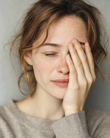 A heartfelt close-up portrait capturing a young woman with her eyes closed, hand over her face. The image conveys deep emotions of sadness, stress, and vulnerability. A raw and authentic moment of pain or weariness.の素材