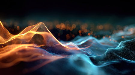 A dynamic, futuristic abstract background. The image features a digital landscape of flowing orange and blue particles, creating a sense of energy and motion. It symbolizes technology, data analysis, and the vastness of the digital world.の素材