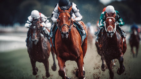 A close-up, low-angle shot captures three racehorses and their jockeys thundering towards the viewer, with dirt and grass flying. The motion blur and intense expressions convey the speed and excitement of the race.の素材