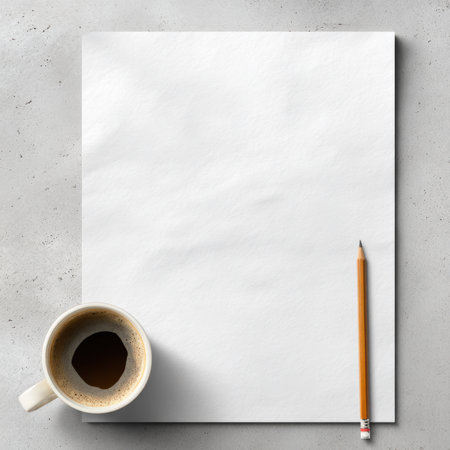 A Clean, Minimalist Desk Setup with Blank Paper, Coffee Cup, and Pencil for Copy Space A simple, top-down view of a blank sheet of paper on a concrete-like surface, ready for text or design. Next to it, a cup of coffee and a pencilの素材