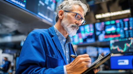 A professional, focused stock trader, a middle-aged man with a gray beard and glasses, on a busy trading floor, intently reviewing data on his tablet with charts and stock prices visible on screens in the backgroundの素材