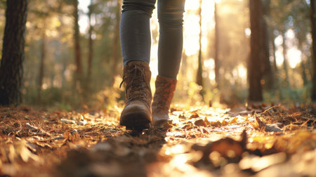 person's hiking boots walking on a forest trail covered in fallen leaves. The warm, golden sunlight filters through the trees, creating a serene and adventurous atmosphere. The focus on the footwear highlights the journey and connection to nature.の素材