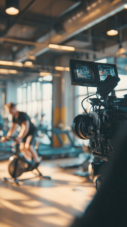 A dynamic, behind-the-scenes shot of a professional film set in a modern gym. The foreground features a high-end cinema camera, while an athlete on a stationary bike is blurred in the background, perfect for media and video production themesの素材