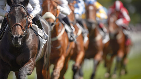 several racehorses galloping at full speed. The lead horse is in sharp focus, its powerful muscles and determined expression visible. The blurred background conveys the high speed and intense energy of this competitive equestrian sport.の素材