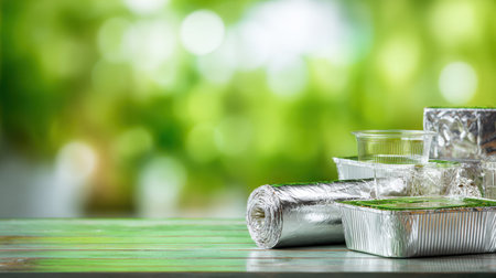 Assortment of disposable plastic and aluminum foil containers for takeaway food on a rustic wooden table with a blurred green background, highlighting convenience and environmental impact.の素材