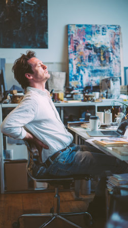 A man, appearing to be an artist or office worker, is sitting at his desk and stretches his back in pain. The image captures the physical strain and discomfort that can result from a sedentary lifestyle or long hours of work.の素材