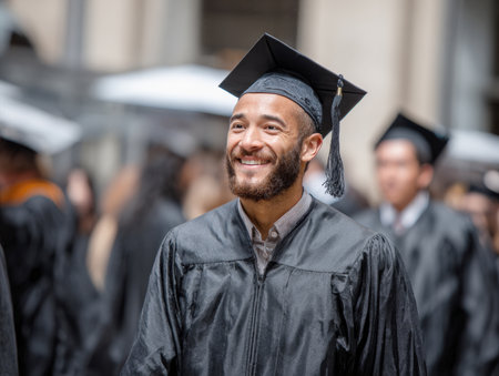 Happy university graduate celebrating in his black cap and gown. A young man with a beard smiles brightly, looking toward the future on his commencement day. Education and success concept.の素材