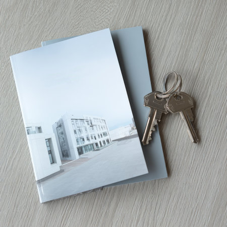 Overhead View of Apartment or Real Estate Brochure with Modern Building Image and a Set of New Silver Keys Resting on a Clean Wood Desk, Symbolizing Property Investment and Home Ownership.の素材