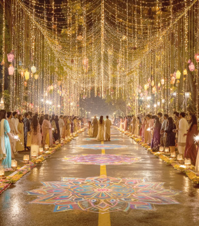 Magical Nighttime Indian Wedding or Festival Entrance with Couple Walking Down an Aisle of Sparkler-Holding Guests, Illuminated by a Dazzling Canopy of Golden Fairy Lights and Traditional Colorful Rangoli Artの素材