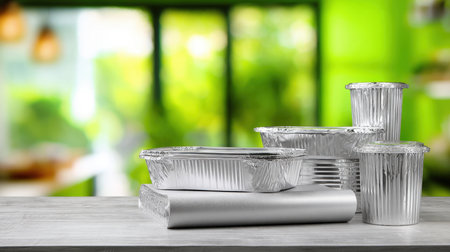 Stack of Various Empty Aluminum Foil Takeaway Containers and Rolls of Food Wrap on a Rustic Wooden Table with a Bright, Blurry Green Restaurant or Cafe Background, Highlighting Concepts of Food Delivery, Catering, and Eco-Friendly Packagingの素材