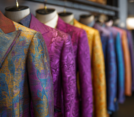 A tightly framed, shallow depth of field shot focuses on vibrant row of custom-tailored men's blazers displayed on mannequins. The jackets feature rich, bold colors like purple, yellow, and blue and luxurious, intricate jacquard and brocade patternsの素材