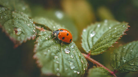 Macro Close-Up of a Vibrant Red and Black-Spotted Ladybug Resting on a Textured Green Leaf Covered in Sparkling Morning Dew or Rain Droplets - Symbolizing Nature, Pest Control, Ecology, and Springtime.の素材