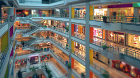 Modern shopping mall interior with multiple levels, escalators, and colorful storefronts. The shallow depth of field creates a dynamic look, highlighting commerce, consumerism, and the busy retail environment.の素材