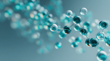molecular structure with glossy, glass-like spheres connected by bonds. The abstract background in blue and teal is ideal for science, chemistry, medicine, research, and biotechnology concepts.の素材