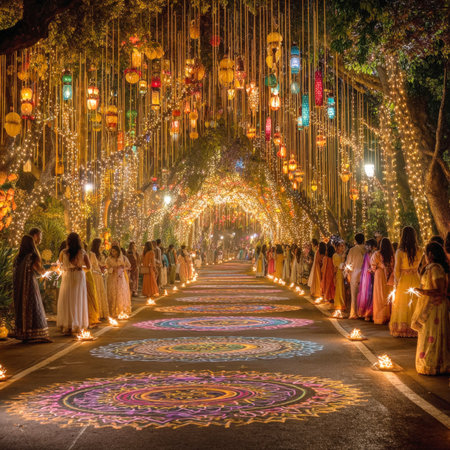 Enchanting Festival of Lights Celebration: An Archway of Hundreds of Colorful Hanging Lanterns and Sparkling Fairy Lights Illuminates a Roadway Decorated with Vibrant Projected Rangoli Patterns, as People in Traditional Attire Hold Sparklers in Nightの素材