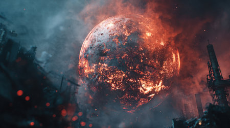 Dramatic, apocalyptic scene featuring a fiery, lava-covered planet or sphere hovering above industrial ruins and smoke. Represents disaster, global warming, environmental collapse, and science fiction themes of destruction and future peril.の素材