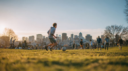Dynamic, wide-angle shot of a casual soccer game in a city park at sunset. A young man runs with the ball on the grass, surrounded by other people and a dramatic urban skyline.の素材