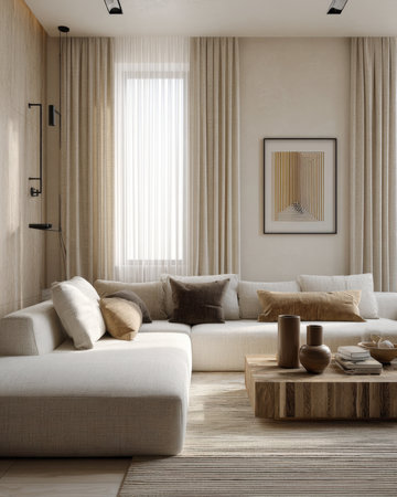 Elegantly designed contemporary living room featuring a creamy sectional sofa, textured walls, sheer and heavy neutral curtains, a slatted wood coffee table, and abstract golden artwork. Ideal for modern interior inspirationの素材