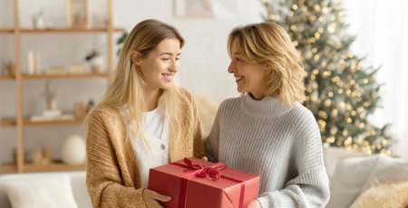 Two smiling women, a mother and daughter, share a heartfelt moment while exchanging a beautifully wrapped red gift box during the holiday season in a warmly decorated home with a glowing Christmas treeの素材