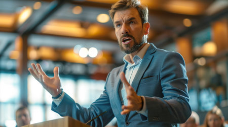 Confident and Expressive Male Speaker Delivering a Passionate Presentation, Speech, or Keynote Address at a Business Conference or Public Event, Using Hand Gestures to Emphasize His Important Message and Engage the Audienceの素材