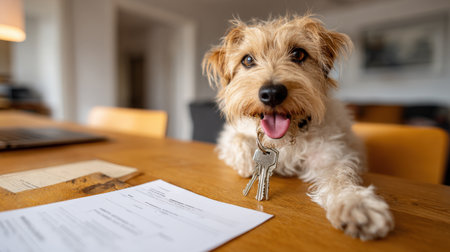 Cute Jack Russell Terrier puppy lying on a wooden table with a set of keys dangling from its neck and real estate paperwork nearby. A charming image for new home celebrations and pet-friendly living.の素材