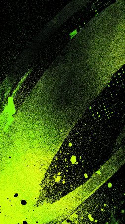 A vibrant, high-contrast abstract background with a vertical orientation. Features dynamic spray paint strokes and splatter in intense neon green and black, creating a textured, grungy, graffiti or halftone effect, perfect for urban and music themes.の素材