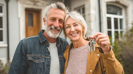 A happy senior couple stands outside a house, smiling at the camera. The woman is holding up a set of keys, symbolizing homeownership, retirement, real estate investment, and the joy of a new milestone together.の素材