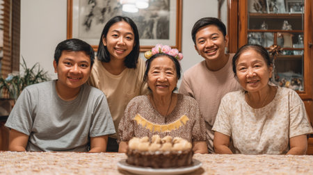 A joyful multi-generational family portrait celebrating a birthday. An elderly woman wearing a flower crown is surrounded by her smiling family, with a chocolate cake in the foreground. Captures love, togetherness, and family celebration.の素材