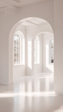 A vertical, luminous shot of an empty, minimalist interior space with pure white walls and a polished floor. The scene is defined by repeating arched doorways and tall arched windows that flood the room with natural light, creating clean linesの素材