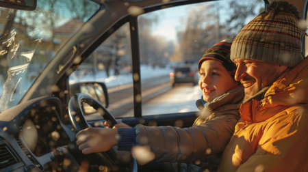 Smiling father and son in winter hats and warm jackets driving a car on a snowy, sunny day, enjoying a cheerful moment together during a cold-weather road trip with beautiful golden light.の素材