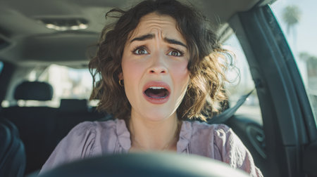 Shocked and terrified woman driver with wide eyes and open mouth, screaming in panic or surprise while holding the steering wheel, captured in a close-up, dramatic POV shot inside a car on a sunny day.の素材