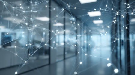 Futuristic abstract network of white dots and lines (a plexus or grid) overlaying a blurred modern office corridor with glass partitions. The image concepts represent like global business connection, data exchange, digital transformationの素材