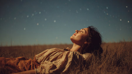 A serene woman lying on her back in a dry, grassy field with her eyes closed, illuminated by soft ambient light. The background features a clear, dark blue night sky dotted with twinkling stars, symbolizing tranquility, freedom, natureの素材