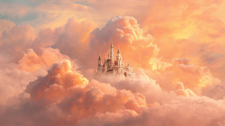 digital painting or photomanipulation depicting a magnificent, spired castle rising out of a dramatic, luminous cloudscape at sunset. Sky is filled with glowing orange, gold, and soft pink cumulus clouds, creating an ethereal and mythical atmosphereの素材