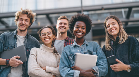A diverse group of five happy university or college students smiling at the camera, posing outdoors in front of a modern campus building, holding laptops and phones, symbolizing successful youth and education.の素材