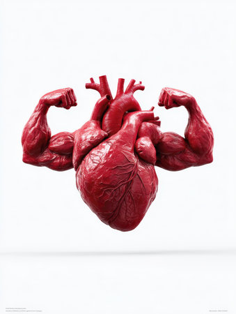 Strong and Healthy Heart Metaphor: A Vivid 3D Render of a Muscular Human Heart with Flexing Bicep Arms, Symbolizing Cardiovascular Strength, Robust Health, Fitness, Endurance, and the Vitality of a Powerful Organ on a Clean White Backgroundの素材